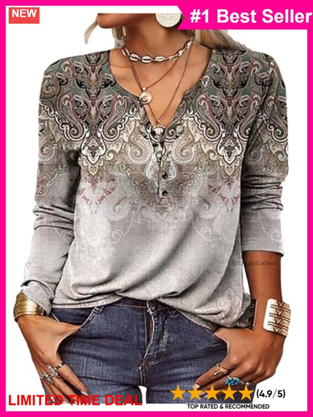 Boho Floral V-Neck Button Blouse Tunic Top for Leggings